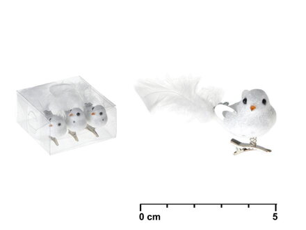 Vtáčik biely s glitrom a perim, 5 cm