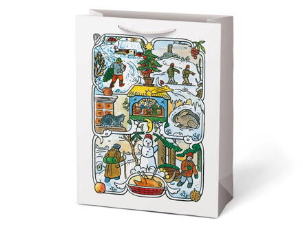 Vianočný dárková taška Jozef Lada – biela, 26×34×14 cm