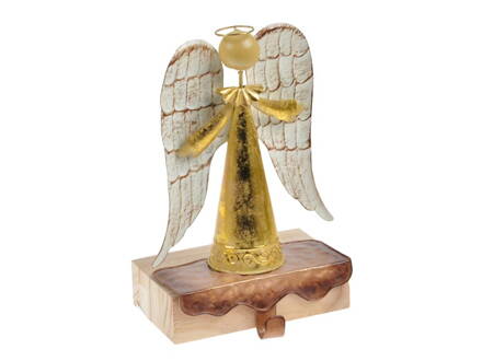 Anjel plech + drevo s háčikom 24cm - zlatý